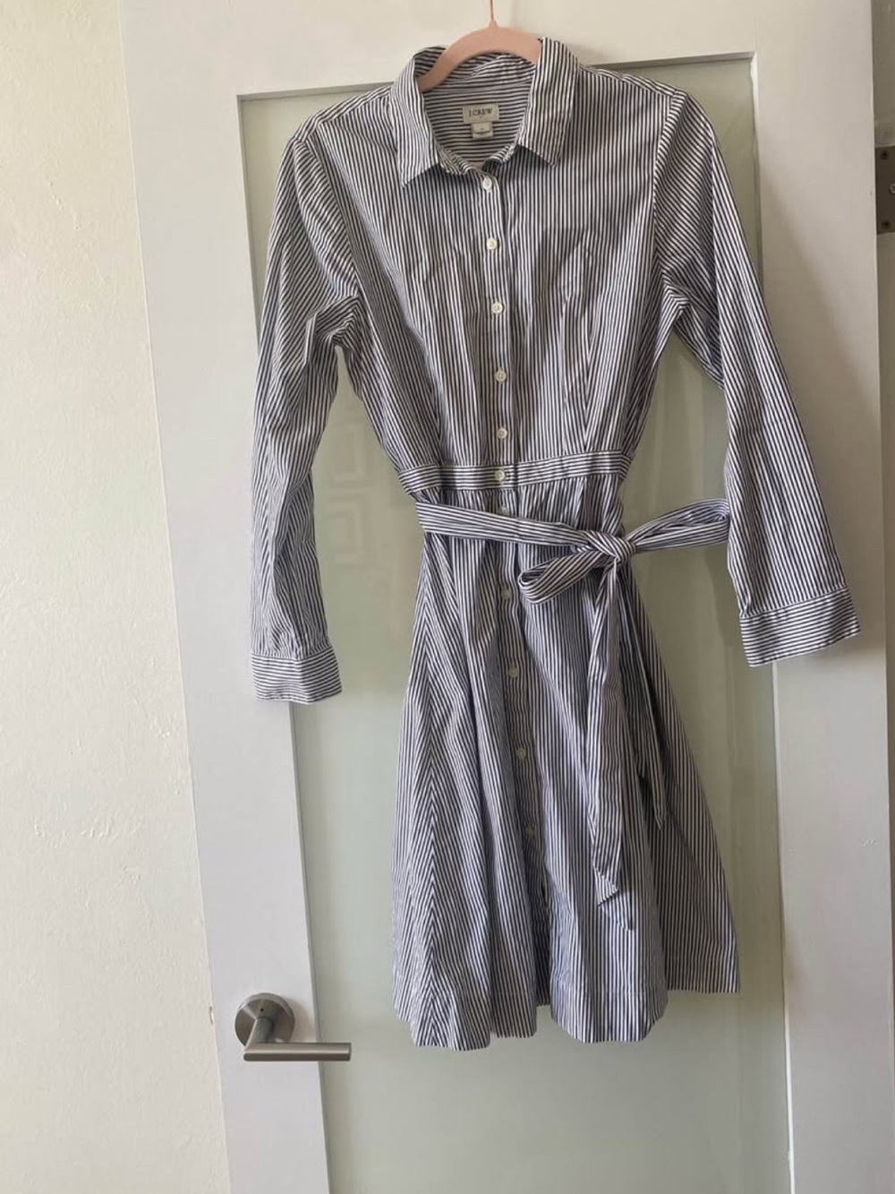 LikeNew J-Crew Striped Shirt Dress with Waist Tie - Blueish gray/White - Size 10
